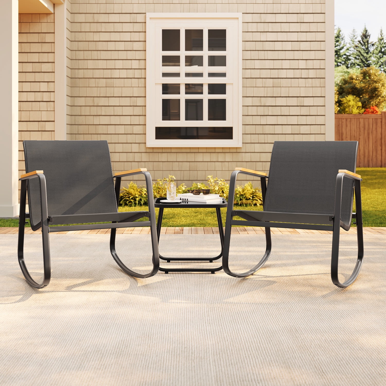 Asofer 3-Piece Patio Furniture Set, Rocking Chair with Soft Cushion and Coffee Table, for Garden, Balcony, Backyard, Black