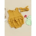 thumbnail image 3 of Qmyliery Baby Sleeveless Plain Pleated Crew Neck Ruffle Snap Bottom Jumpsuit,Bow Headband, 3 of 9