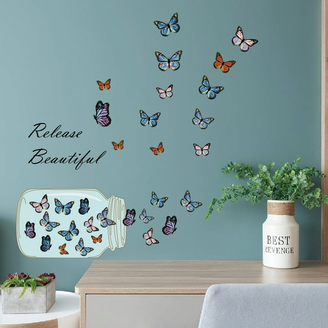 Un conjunto de mariposas volando desde una botella, pegatinas de pared, pegatinas de pared