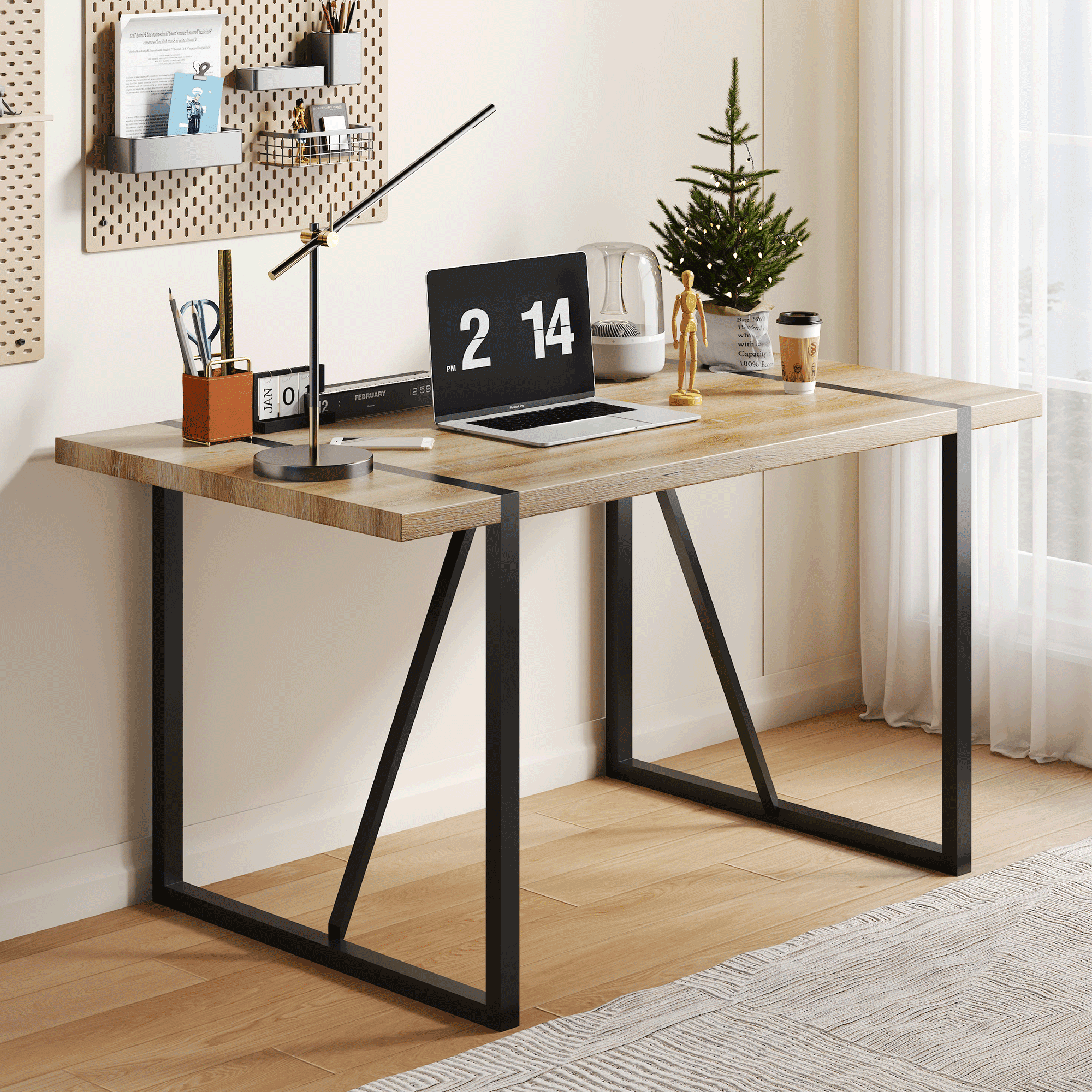 Rustic Industrial Rectangular Wood Dining Table For 4-6 Person, With 1.5" Thick Engineered Wood color Tabletop and Black Metal Legs,Desk For Kitchen Dining Living Room