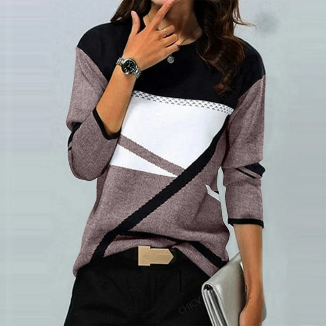 Meichang Womens Long Sleeve Tops Crew Neck Soft Fall Sweaters Pullover Funny Geometric Print Shirts Lightweight Office Work Tunic Tops