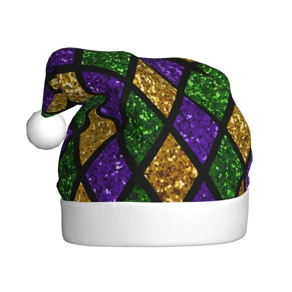Fuzoiu Mardi Gras Shiny Green Purple Print Santa Hat Christmas Hat for Adults,Santa Hats with Pompom, Unisex Xmas Holiday Hat for Christmas New Year Festive Party Supplies