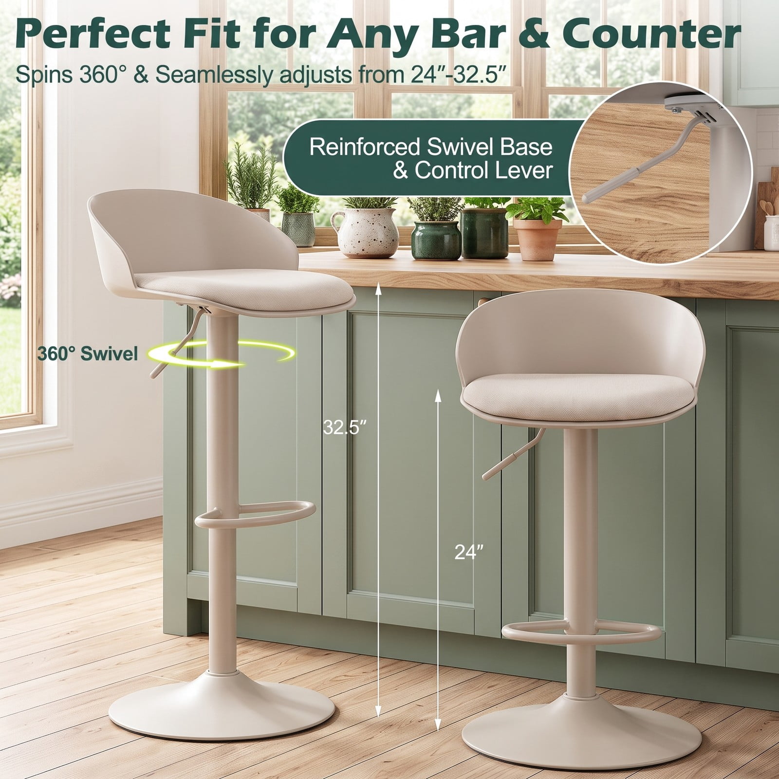 Furnibear Set of 2 Adjustable Swivel Bar Stools with Back and Footrest, 360 Degree Rotating Counter Height Barstools for Kitchen Island Dining Pub, 330 LBS, Cream