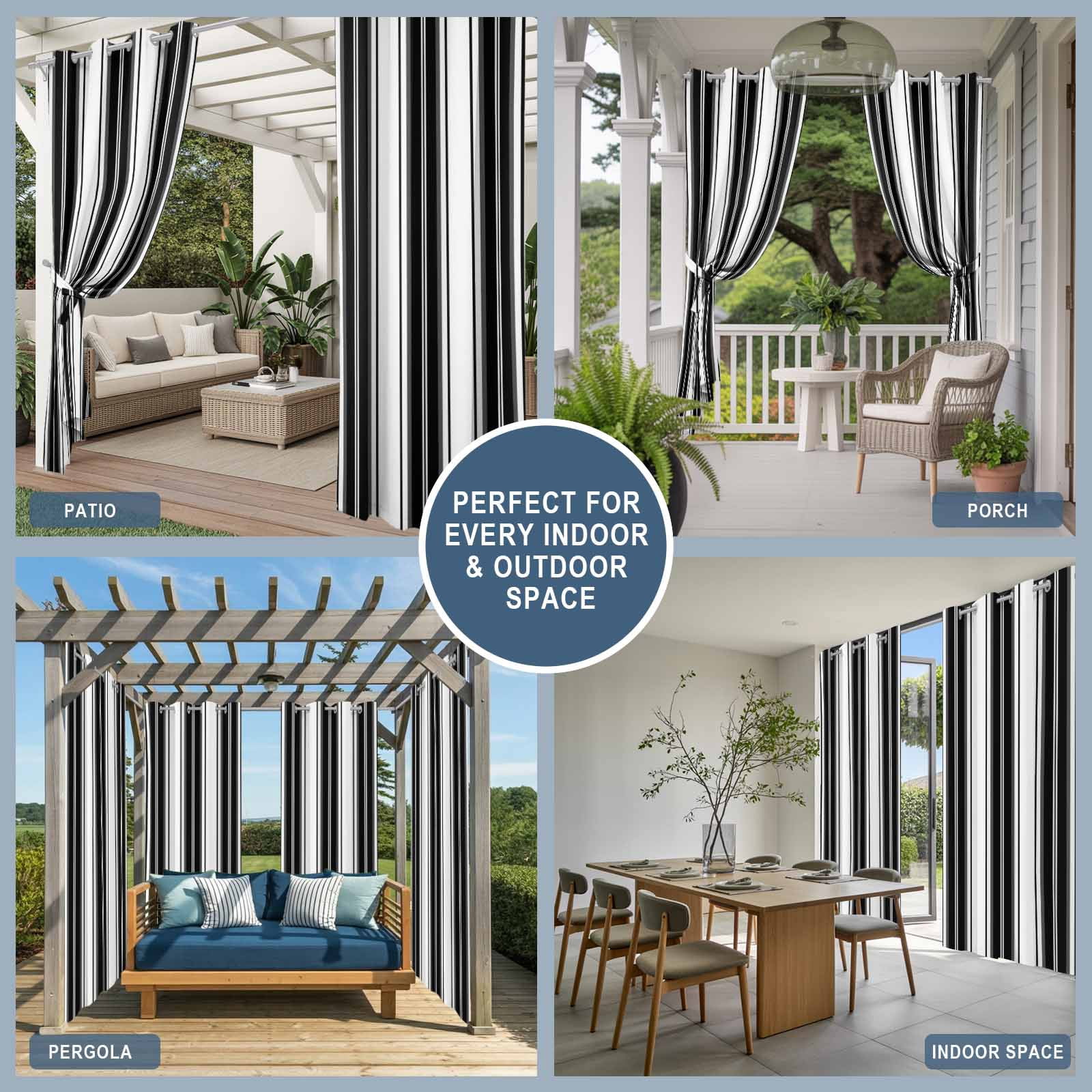 Black Striped Outdoor Curtains for Patio, Vertical Stripe Modern Minimalist Sunshade Privacy Drapes Grommet Waterproof Outside Curtains for Porch/Cabana/Balcony 54"x 108", 1 Panel