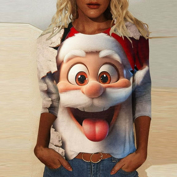 HOMBOM Womens 3/4 Sleeve Plus Size Shirts Graphic Christmas Outfits Crewneck Ugly Christmas Xmas T Shirts for Women