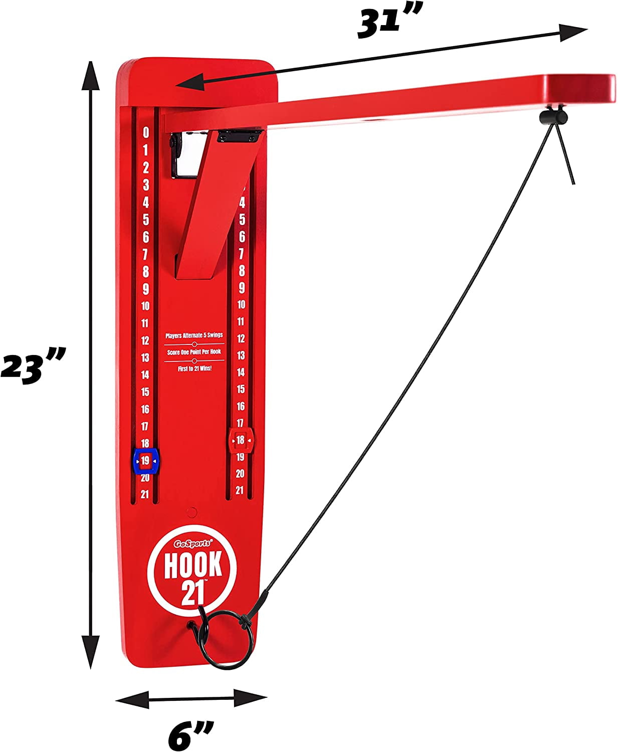 GoSports Hook21 Ring Swing Game - Indoor or Outdoor Ring Toss Game with Foldable Arm - Red