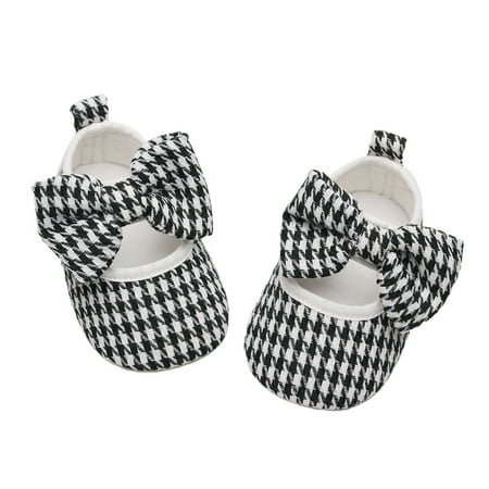

Gureui Newborn Infant Toddler Baby Girls Bow Flat Shoes Soft Sole Houndstooth Print Non-slip Wedding Dress Walking Shoes