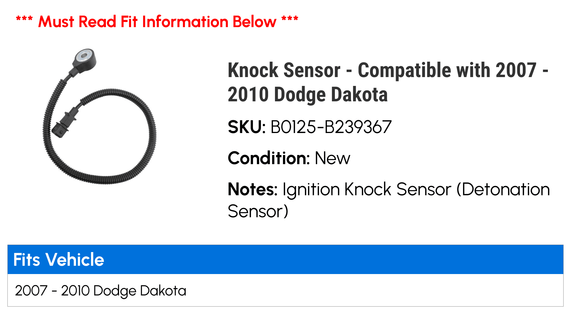 Knock Sensor - Compatible with 2007 - 2010 Dodge Dakota 2008 2009