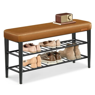 Shoe Bench, Caramel Brown, Synthetic Leather, Mid-Century Modern, 300 lb Capacity, 11.8" x 39.4" x 19.7", Entryway Storage.