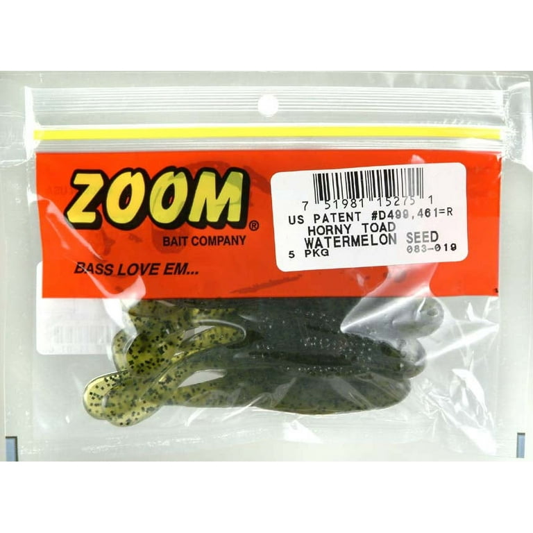 Zoom Horny Toad Freshwater Fishing Soft Bait for Bass, Watermelon Seed, 4  1/4, 5-pack, Soft Baits