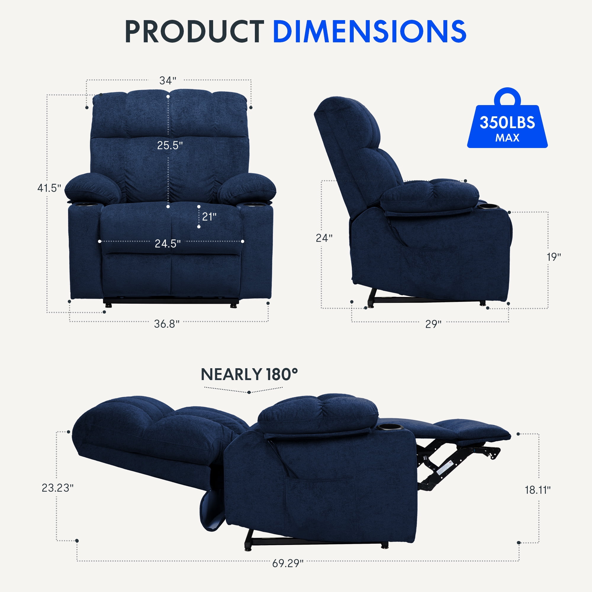 FitStand Dual Motor Power Lift Recliner Chair for Elderly with Massage and Heat, Oversized Lay Flat Sleeping Recliner with USB Charging Ports, Blue