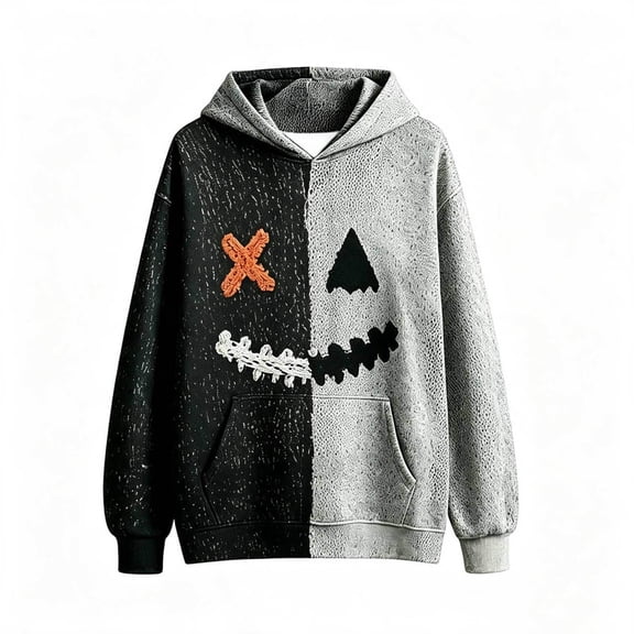 Halloween Patchwork Hoodie For Boys With Face Design Cozy Kids Sweatshirt Everyday Seasonal Apparel Halloween Costumes Boy