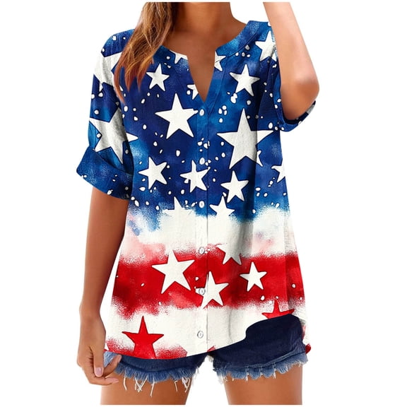 cocolona 4th of July Shirts Women Summer Casual Button V Neck Short Sleeve Tops USA Flag Print Patriotic T-shirts Graphic Tees