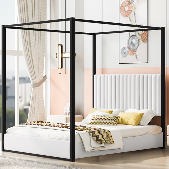 Euroco Upholstery Queen Size Canopy Platform Bed with Headboard and Metal Frame for Adults, Black