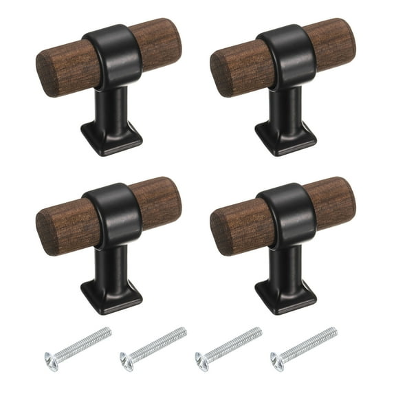 4 Pcs T-Bar Wooden Drawer Pulls Wood Single Hole Dresser Drawer Knobs for Home Kitchen Room, Black