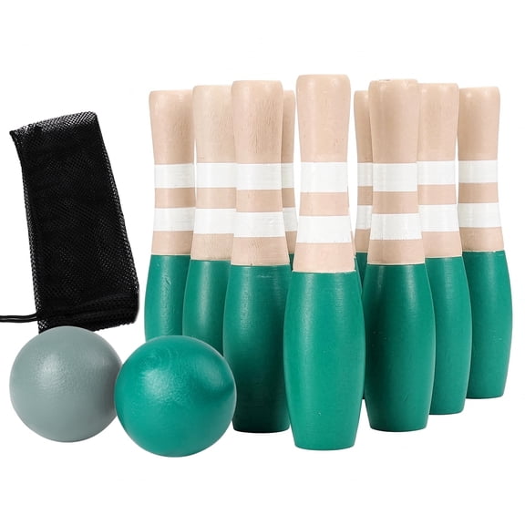 Sterling Sports Wooden Lawn Bowling 9" Skittles Set with Carrying Bag - 10 Wooden Pins and 2 Balls
