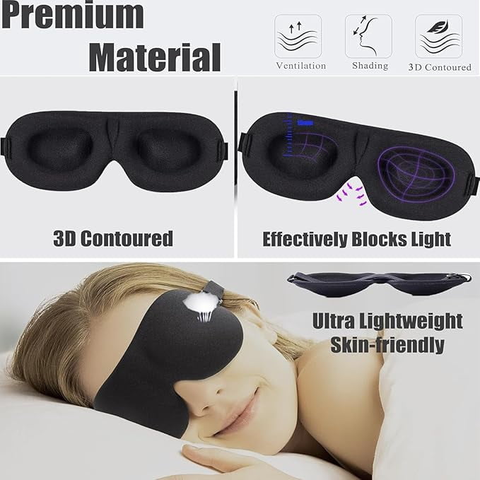 3 Pack 3D Sleep Mask for Back and Side Sleepers, 100% Light Blocking, Lightweight and Breathable Eye Cover for Men and Women, Zero Pressure Night Blindfold