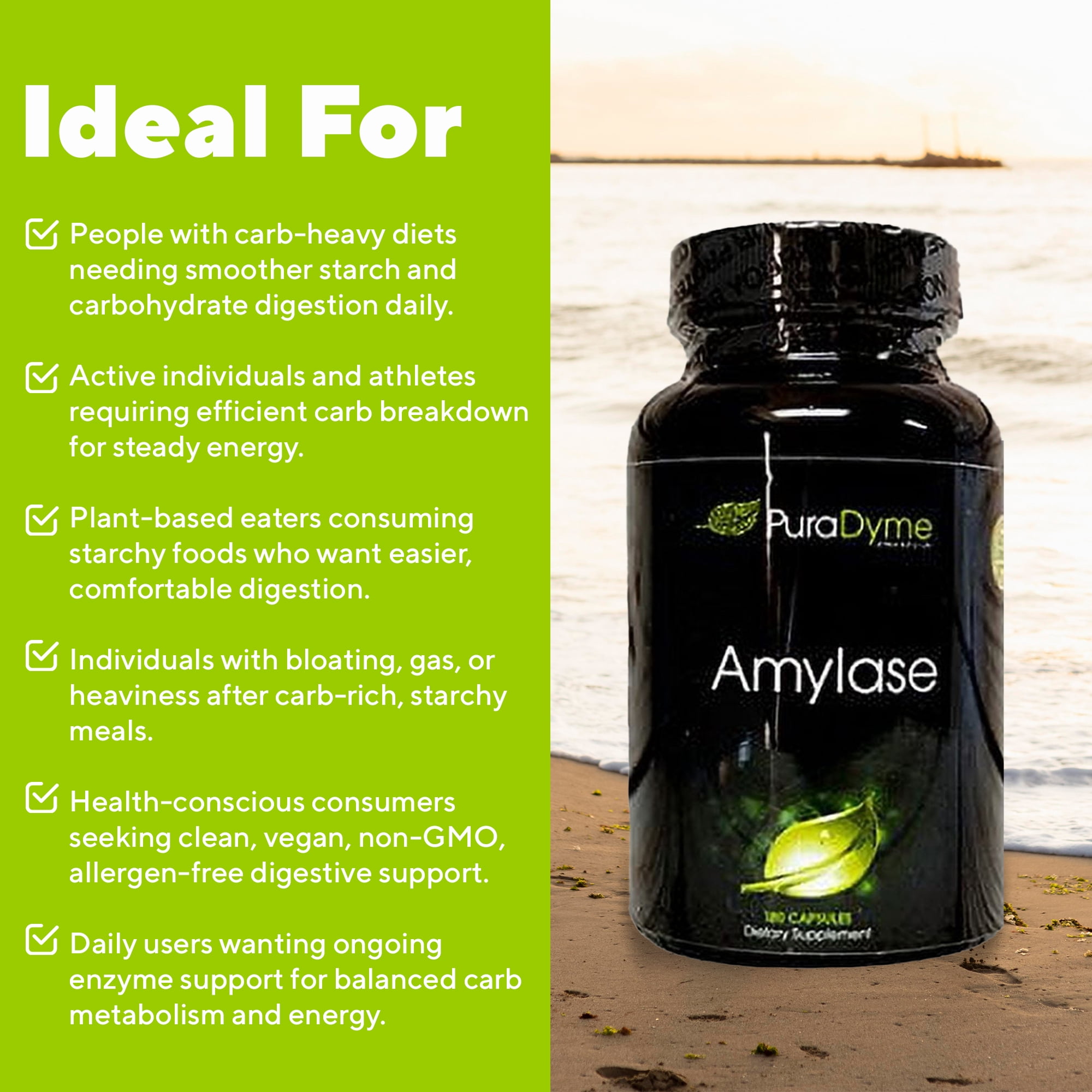 PuraDyme Amylase Digestive Enzymes, Plant-Based Supplement for Carb Digestion, Bloating Relief and Energy Support, Vegan, Gluten-Free, Non-GMO Capsules (180 Capsules)