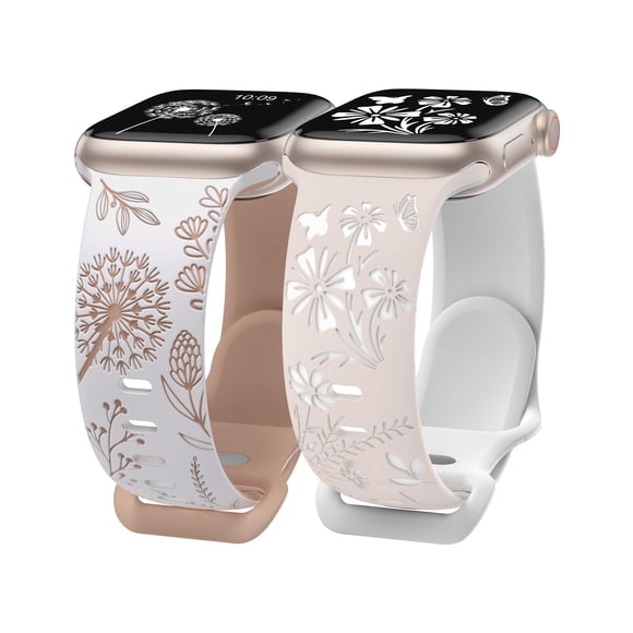 Wearlizer 2 Packs Floral Engraved Bands Compatible with Apple Watch Straps 38mm 40mm 41mm 42mm Women, Two-Tone Soft Silicone Cute Sports Bracelets for iWatch Series 10 9 8 7 6 5 4 3 2 1 SE