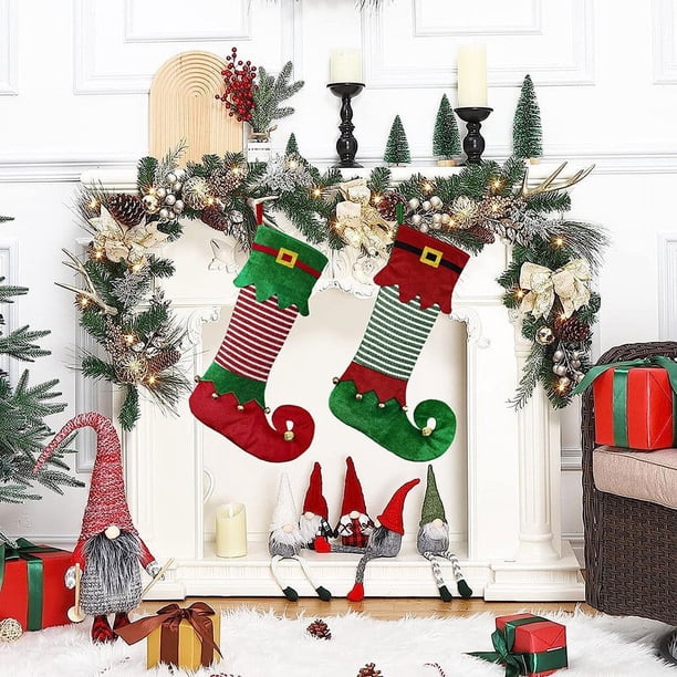 Adornos Navideños para Medios, Diseño Personalizado, Puños de Cuero con Cascabeles, Reverso de Terciopelo Vegano, Decoración Festiva para Chimenea, Uso Familiar y de Oficina, 55 Cm de Largo