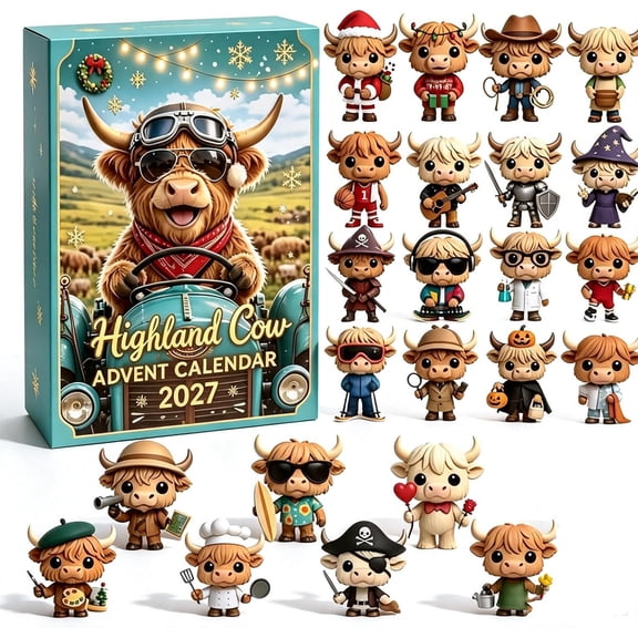 Highland Cow Advent Calendar 2027, 24 Days Christmas Countdown Box with Unique Miniature Figurines, Farm Holiday Decor, Gift for Women and Collectors, 24 Pcs