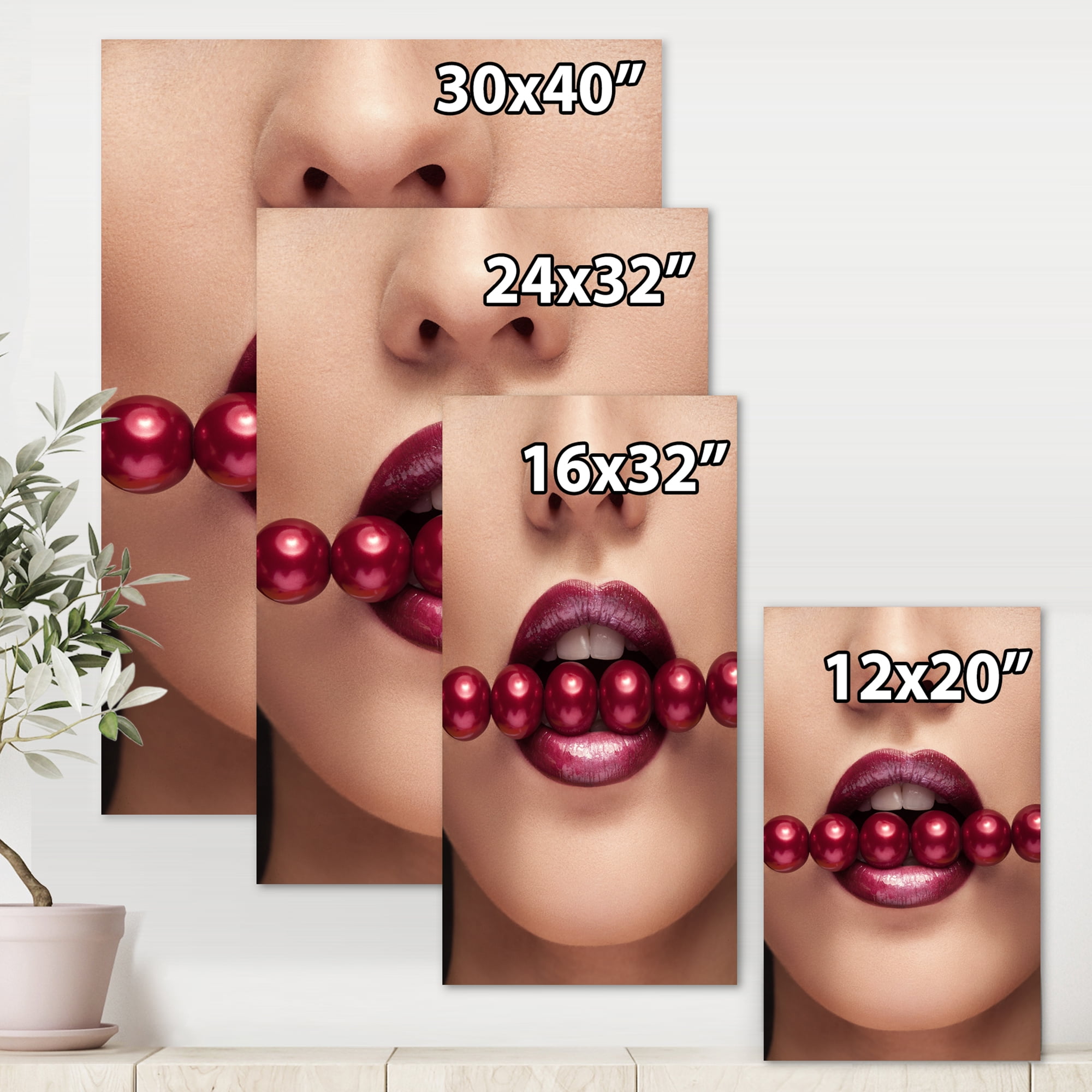 Designart ' Girl With Red Pearls In Mouth In A Sensual Pose ' Modern Canvas Wall Art Print