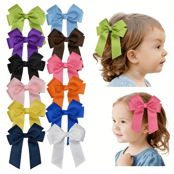 JoyBowie 12 Pcs 4.3inch Solid Color Grosgrain Hair Bows for Girls 3-12 Years, Ribbon Clips for School & Daily Hairstyles