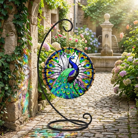 Peacock Suncatcher, 8" Stained Glass Window Hanging Sun Catcher - Colorful Home & Garden Decor Ornament, Gift for Friends and Family