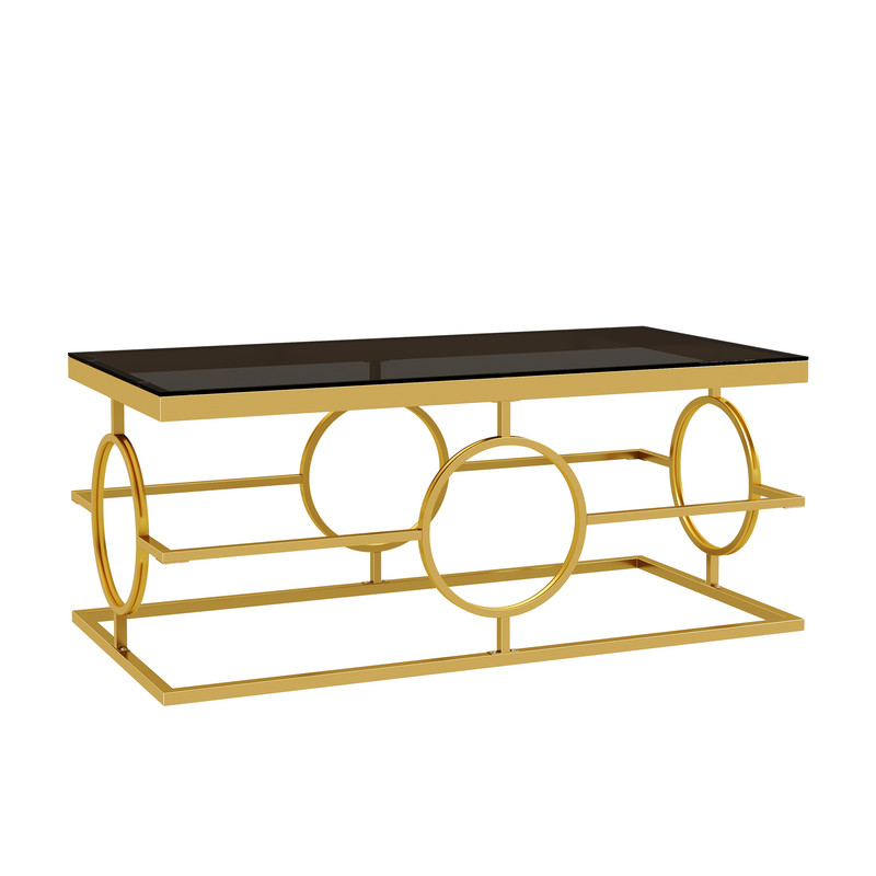 Glass Top Coffee End Table with Gold Metal Frame, Rectangular Storage Center Cocktail Table with Geometric Circle Base