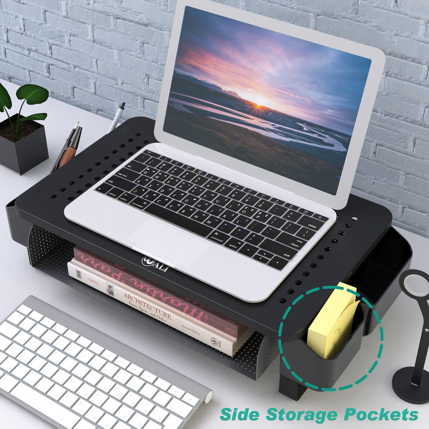 LUFF Monitor Stand Riser with Pullout Storage, Desk Organizer with Ventilation Drawer, Desktop Computer Stand with Pen Holder for Laptop, Computer, iMac, Black