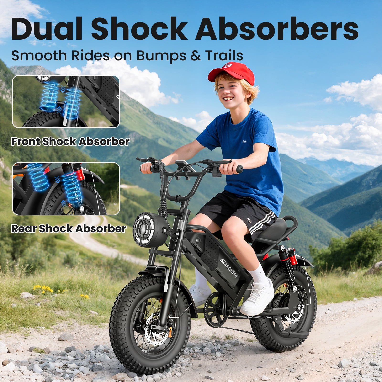 Spacewalk 16" Fat Tire Ebike, 750W, 21.7MPH, 48V/15AH Battery, 4 Shock Absorbers, Compact for Riders Under 5'2" & Teens.