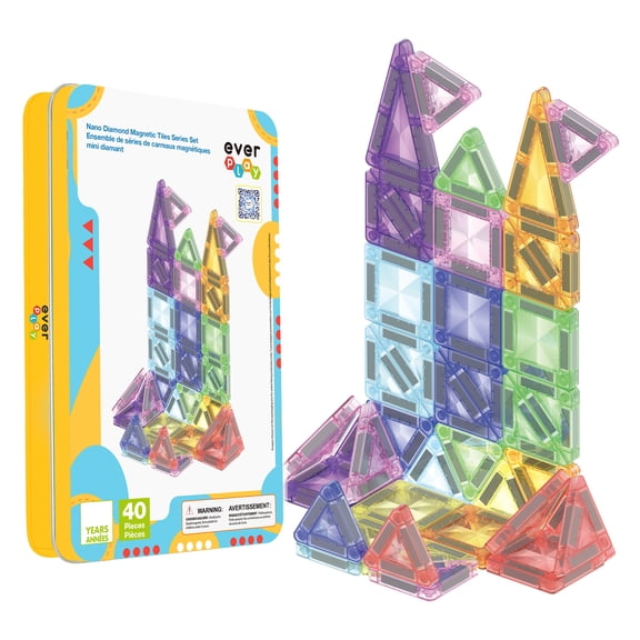 EverPlay Mini Magnetic Tiles Travel Toy with Tin Storage Case, 40pcs Magnetic Building Blocks, STEM Educational Construction Set for Kids