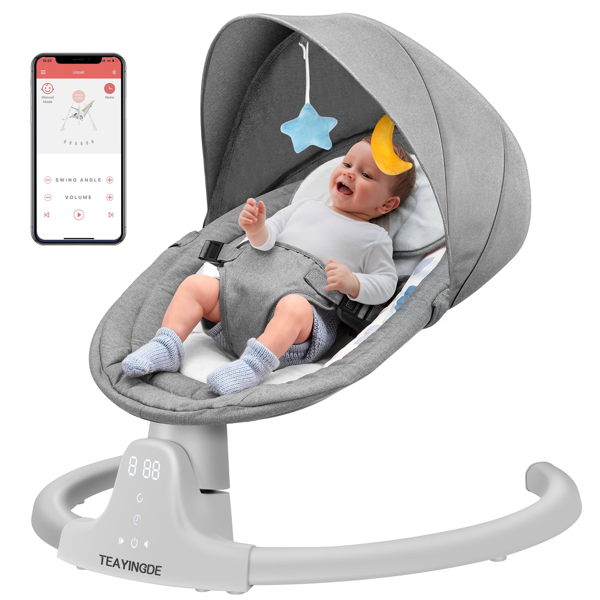 TEAYINGDE Portable Baby Swing with 5 Speed, 10 Lullabies, Remote Bluetooth, APP Control