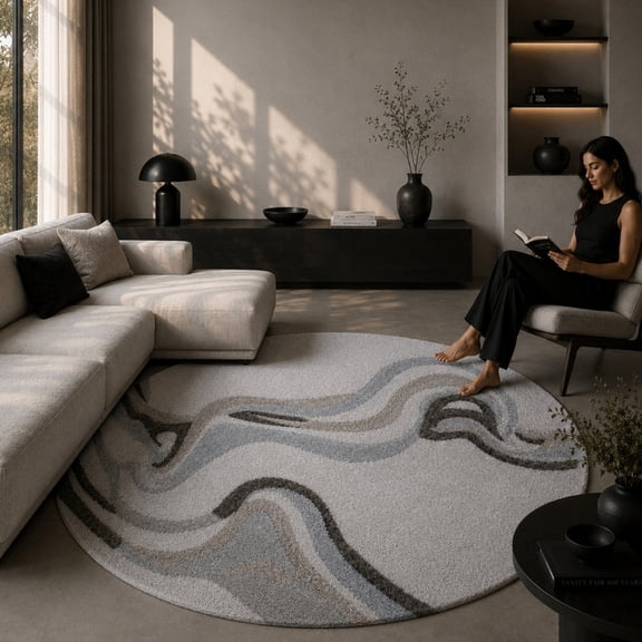 Neu Looms Hand Tufted Wool Silk Round Area Rug, Abstract Pattern, Gray, 5 Ft