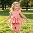 thumbnail image 2 of Girls Set Casual Sleeveless Bow Solid Vest T Shirt Tops Ruffles Shorts Girls Clothing Sets,Pink,Size 6 -12 Months, 2 of 6