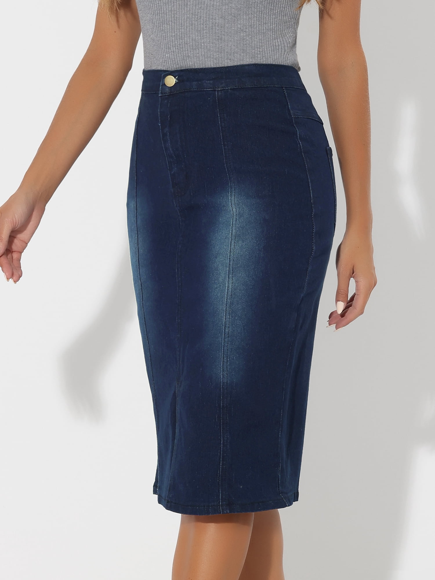 DARING DIVA Women's Split Front Denim Bodycon Midi Skirt M Black Blue
