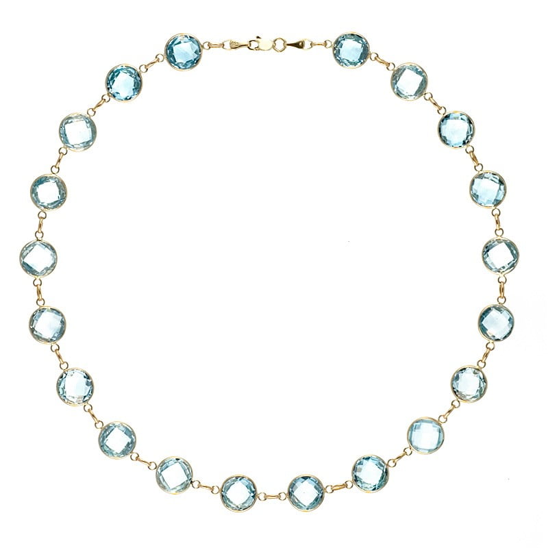 14k Yellow Gold Blue Topaz 10mm Bead Strand Necklace Length: 16 to 34 by