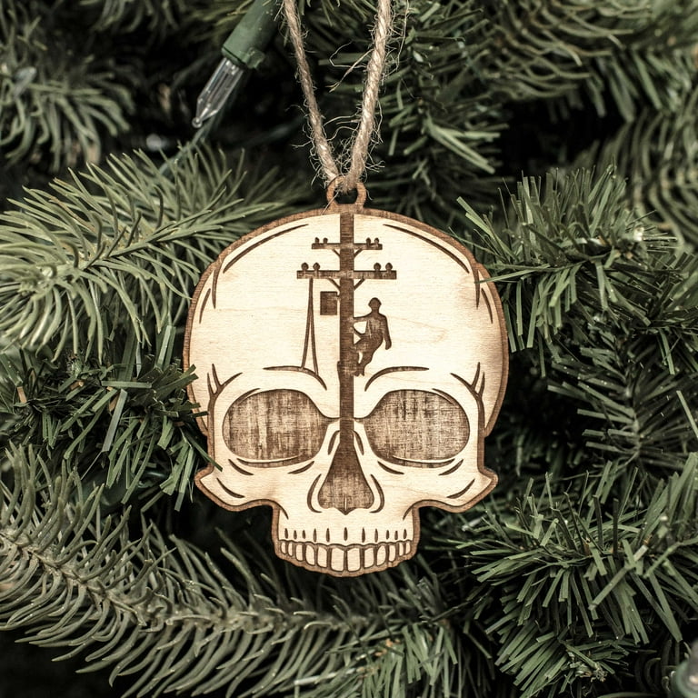 Ornament - Lineman Skulls - Set of 4 - Raw Wood 3x3in Ornament - Lineman Skulls - Set of 4 - Raw Wood 3x3in