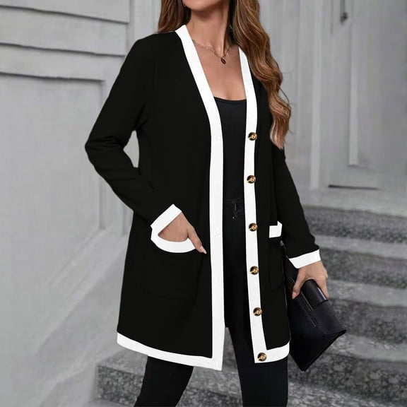 Women's Lightweight Color-Block Mid-Length Coat, Button-Down Jacket with Pockets, Casual Outerwear for Women, Comfortable Light Jacket for Spring and Fall, Modern Two-Tone Design Coat Black L