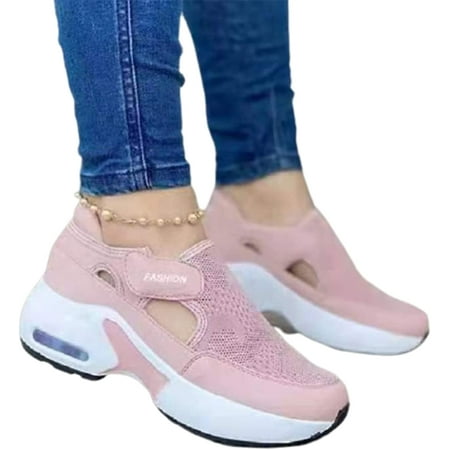 Women Sneaker Orthopedic Air Cushioned Sole Flying Woven Casual Sneakers Breathable Mesh Round Head Thick Bottom Magic Sticker Fashion Women s Shoes  for Daily Wear
