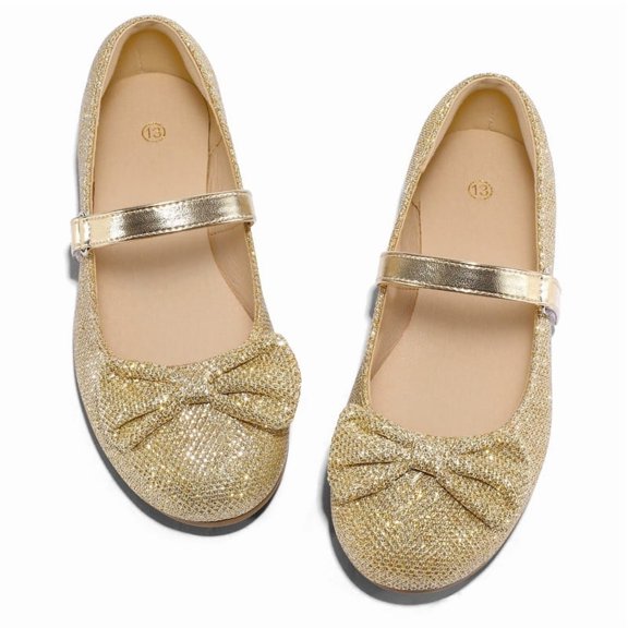 Rexoro Girls' Mary Jane Flats Kid Party Dress Shoes Princess Girl Shoes with Bow & Decor for Wedding Birthday Gold Glitter 11 Little Kid