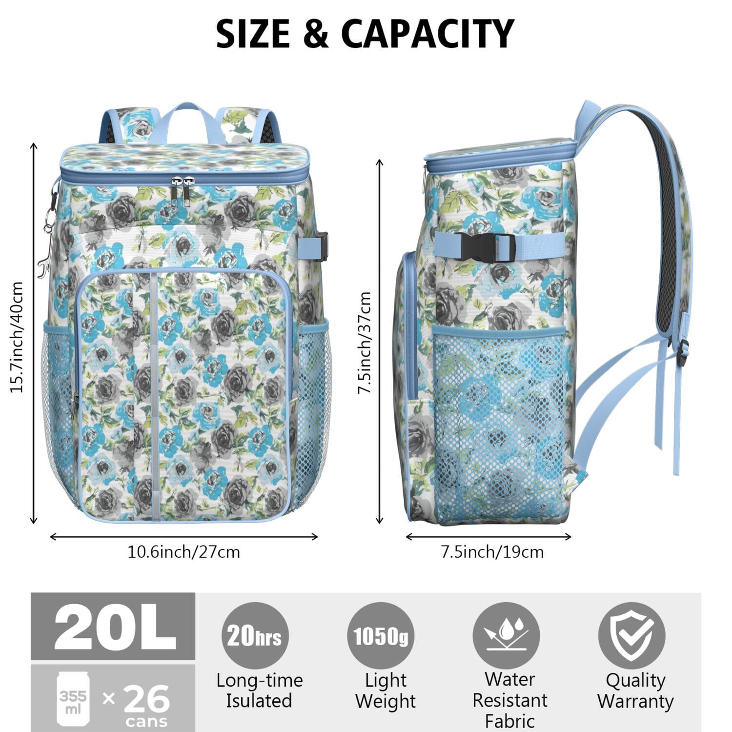 Travel Cooler Bag - Pioneer Flower Floral Print Pattern Camping Beer Cooler Backpack with Bottle Opener- Waterproof Insulated Picnic Backpacks - Cooler Bag for Beach