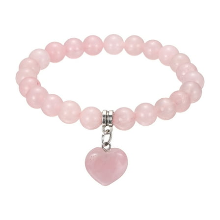 Crystal Bracelet for Women 8mm Natural Gemstone Heart Beaded Friendship Bracelet, 6.5Inch, Pink