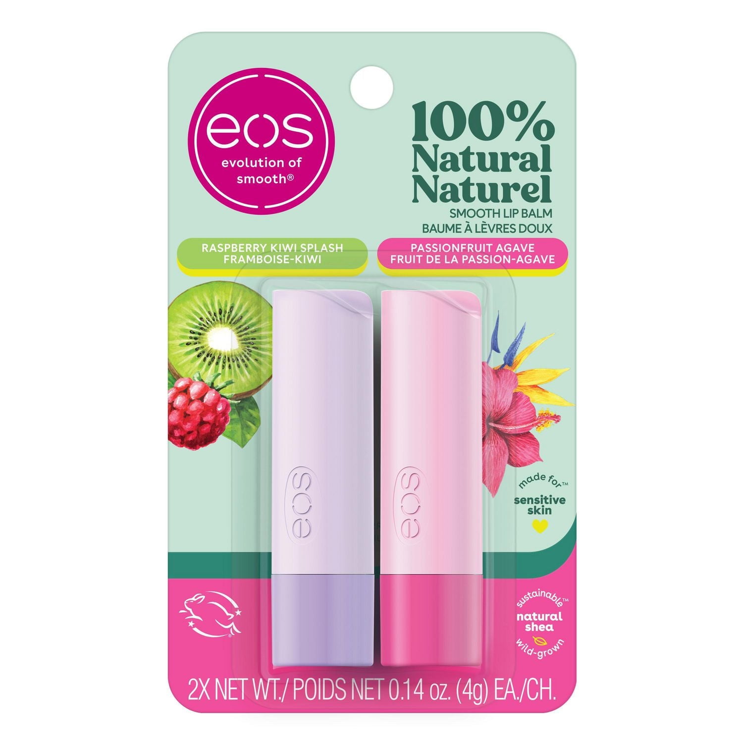 eos 100% Natural Smooth Lip Balm; Raspberry Kiwi Splash and Passionfruit Agave; 2 pack