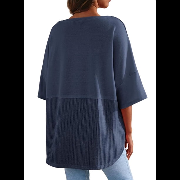 Blusas de Punto Gofre para Mujer, Moda 2025, Blusas de Patchwork Extragrandes con Cuello Redondo y Mangas 3/4, Azul XXL