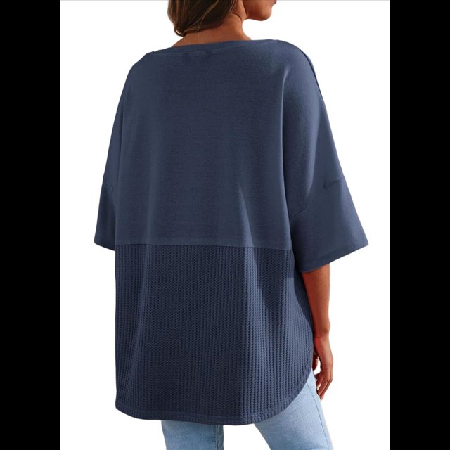 Blusas de Punto Gofre para Mujer, Moda 2025, Blusas de Patchwork Extragrandes con Cuello Redondo y Mangas 3/4, Azul XXL
