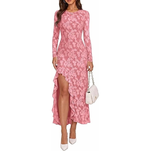 PRETTYGARDEN Women's Formal Maxi Floral Dresses with Slit Long Sleeve Ruffle Hem, Elegant Outfit for Wedding Guest & Cocktail Party, Bodycon Crewneck Mesh Dresses, Fall Fashion