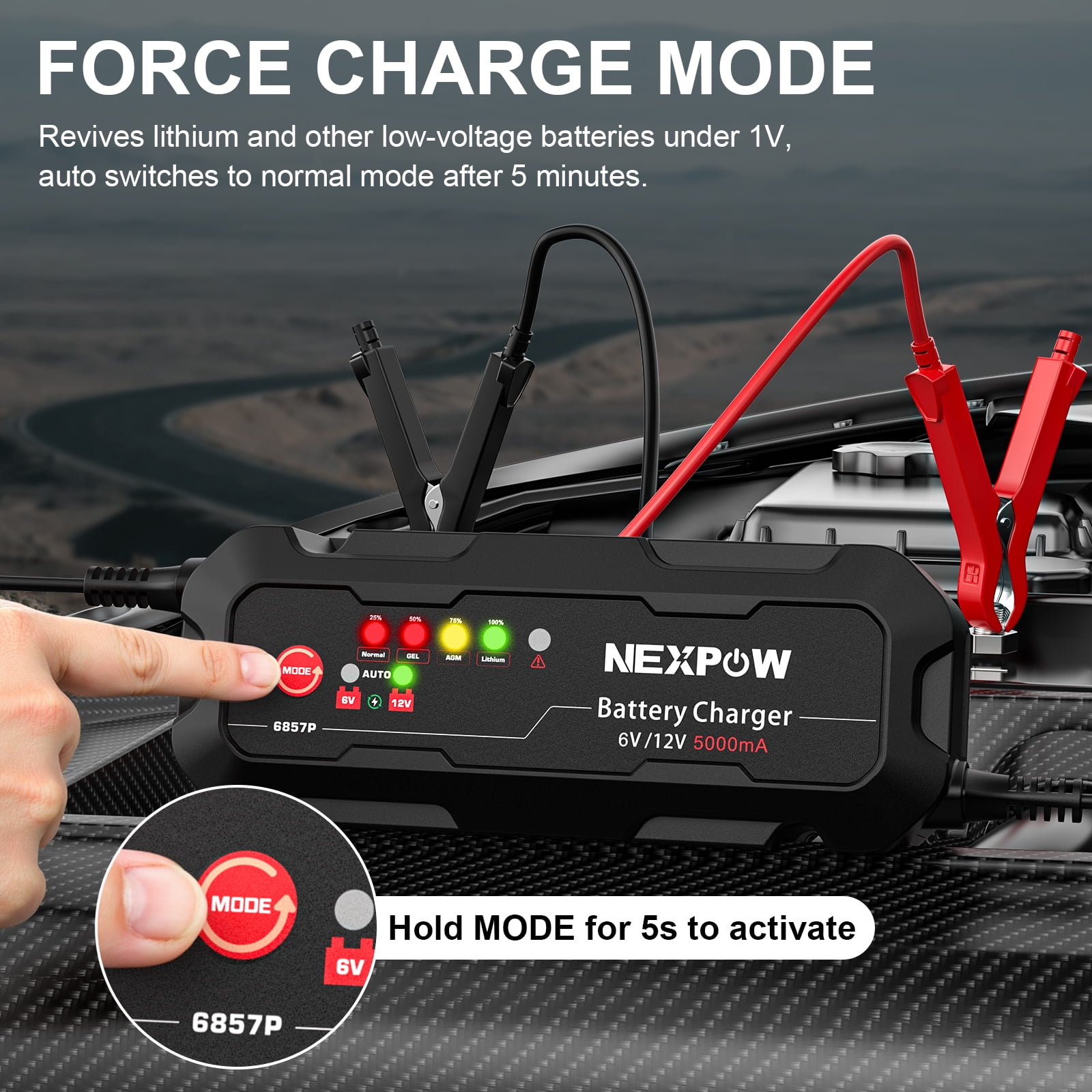 NEXPOW Car Battery Charger, 5A 6V/12V Smart Trickle Charger with Force Charge Mode, Battery Maintainer for Car, Motorcycle, Truck