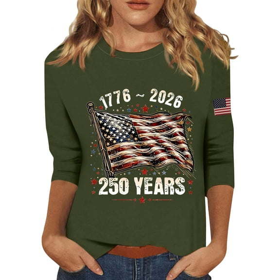 Women's T-Shirts America 250 Patriotic Flag Print Crew Neck 3/4 Sleeve 1776–2026 Anniversary Top