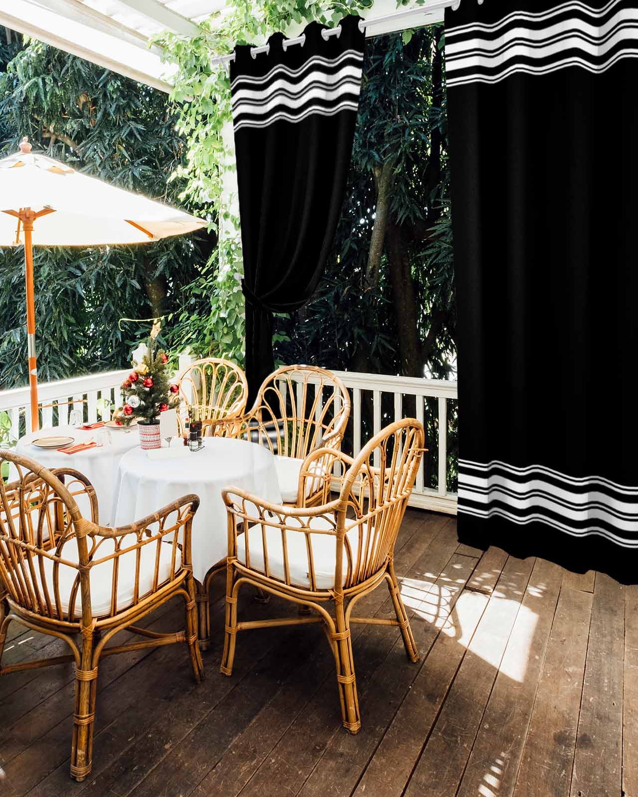Outdoor Curtains for Patio, Black Striped Waterproof Blackout Outside Curtain for Porch/Pergola/Gazebo, Farmhouse Black White Stripes Thermal Insulated Drapes for Cabana, 2 Panels, 54 x 108 Inch